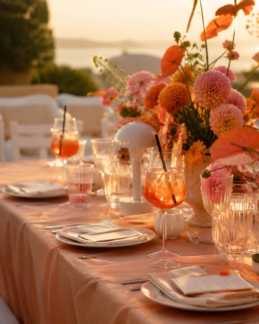 Pink and orange styled event table with spritz cocktails